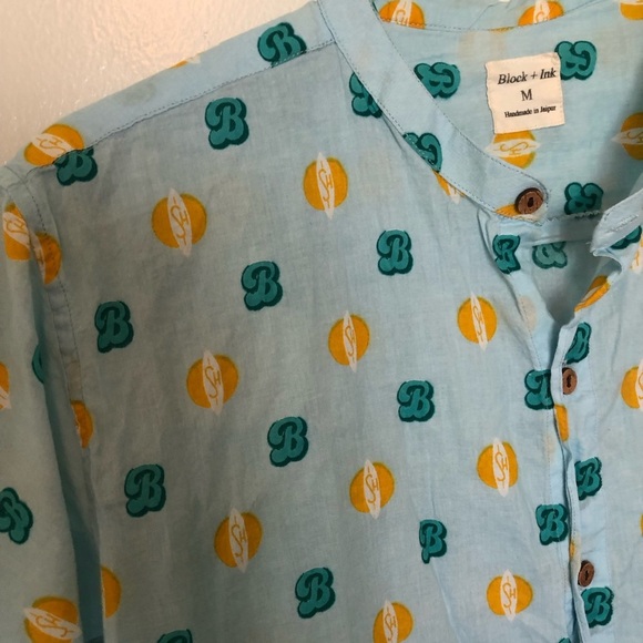 Block + Ink Button Up Shirt Band Collar Blue Medium - Picture 5 of 6